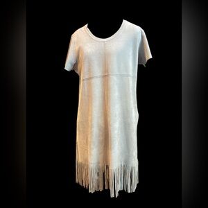 faux suede dress with fringe, light gray, with pockets. great condition, soft